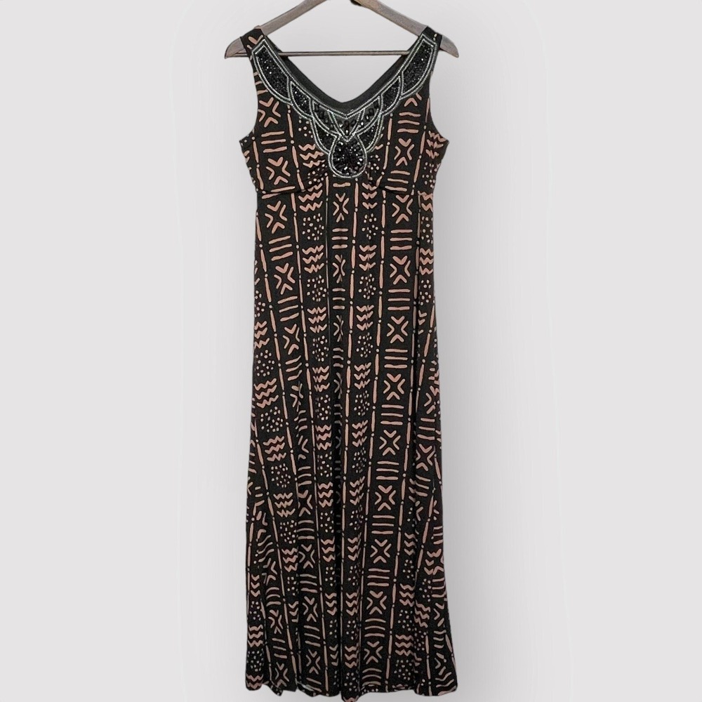 Sears Womens Black Peach Geometric Tribal Beaded V-Neck Maxi Dress Small 4-6